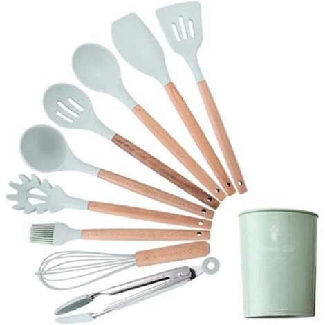 Ustensiles de cuisine en silicone vert Ensemble d'ustensiles de cuisine résistant à la chaleur Ustensiles de cuisson antiadhésifs avec boîte de rangement, ensemble d'ustensiles de cuisine à spatule co