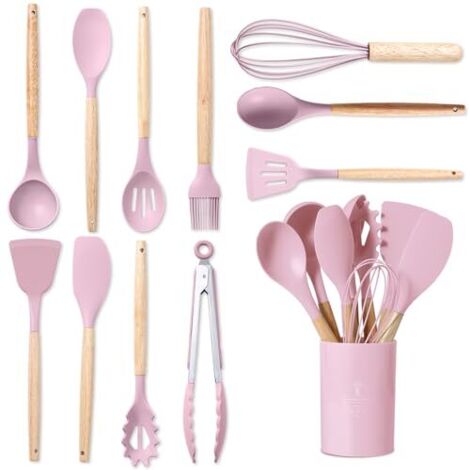 Ustensiles de Cuisine Silicone 12 Pièces, en Silicone Bon et Poignées Bois, Set Ustensile Cuisine Convenant Toutes Casseroles Poêles (Rose)
