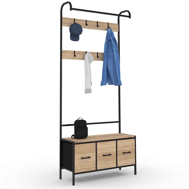 Idmarket Schwarz Utah Eingangsgarderobe Mit Bank Und 3 Schubladen Aus Stoff Im Industriedesign