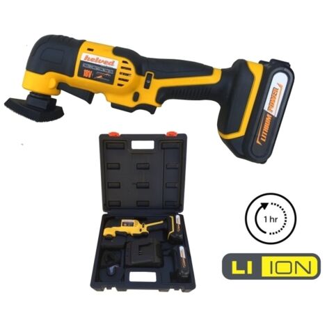Utensile multiuso/multifunzione/Mini Smerigliatrice/Levigatrice triangolare c/batteria di riserva Li-ion 2.0Ah con accessori Helved