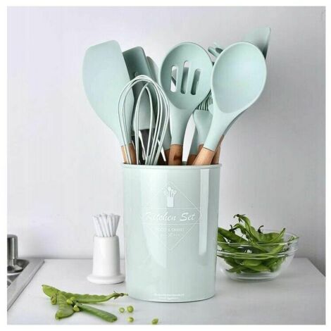 Utensili da cucina, set di utensili da cucina antiaderenti in silicone e legno, silicone alimentare, 11 pezzi