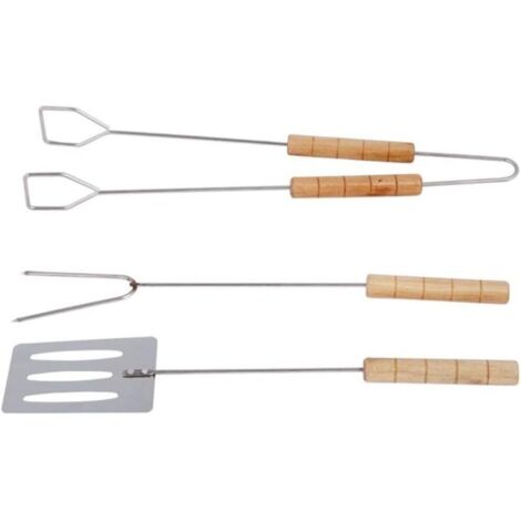 utensili essenziali per il barbecue all'aperto: pinze, forchetta e spatola, per tutte le tue esigenze di grigliata.