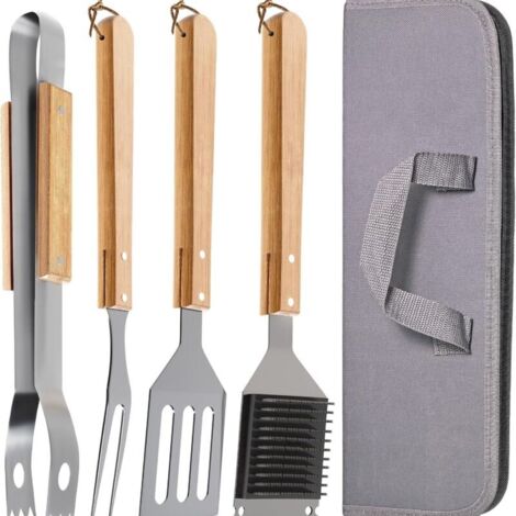 Utensili essenziali per il barbecue in acciaio inox e legno - 4 pezzi - Resistenti al calore e alla ruggine - Con una comoda borsa per il trasporto