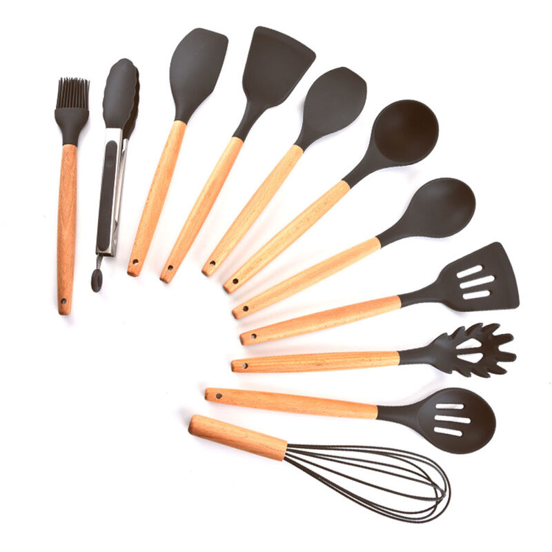 

Utensilios de cocina de silicona Set 11 piezas de haya mango de madera resistente al calor antiadherente Cuchara Cucharon Espatula utensilios de