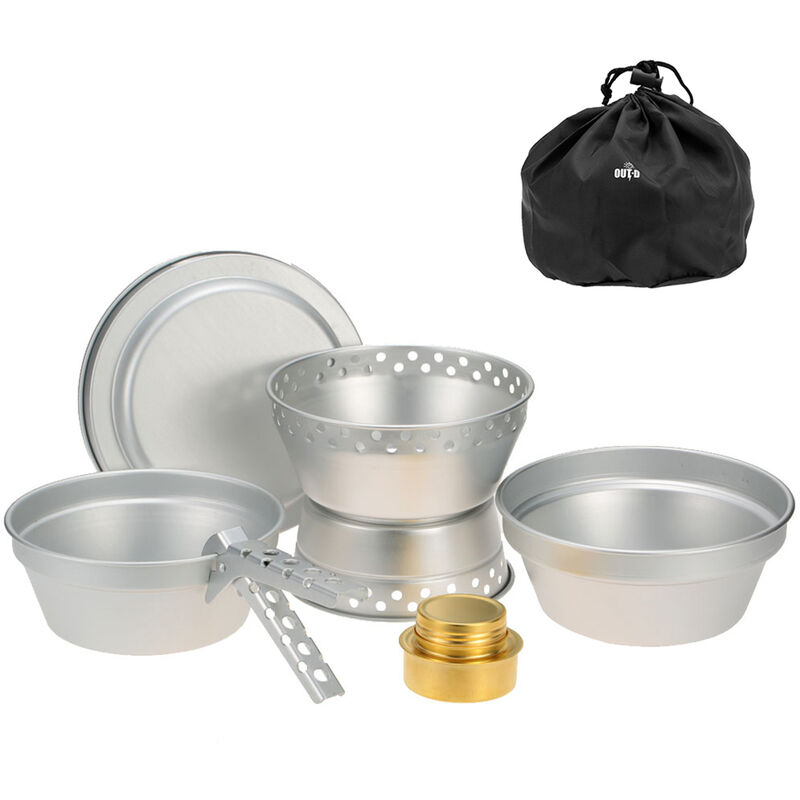 

Happyshopping - Utensilios de cocina portatiles para acampar, kit de desorden, estufa de alcohol, quemador de alcohol con soporte, olla, sarten con