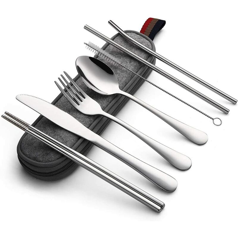 

Utensilios portátiles de 7 piezas, juego de cubiertos de viaje para acampar, que incluye cuchillo, tenedor, cuchara, palillo, cepillo de limpieza,