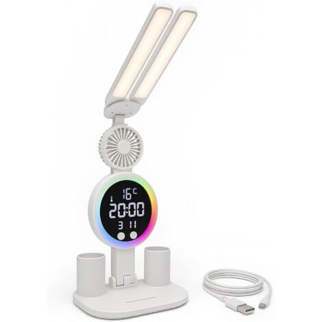 Utilify  Lámpara Escritorio Oficina LED RGB con Ventilador Silencioso, Reloj y Termómetro, 3 Modos de Luz, Control Táctil, USB-C, Batería 3200mAh, Ideal Estudio Juvenil