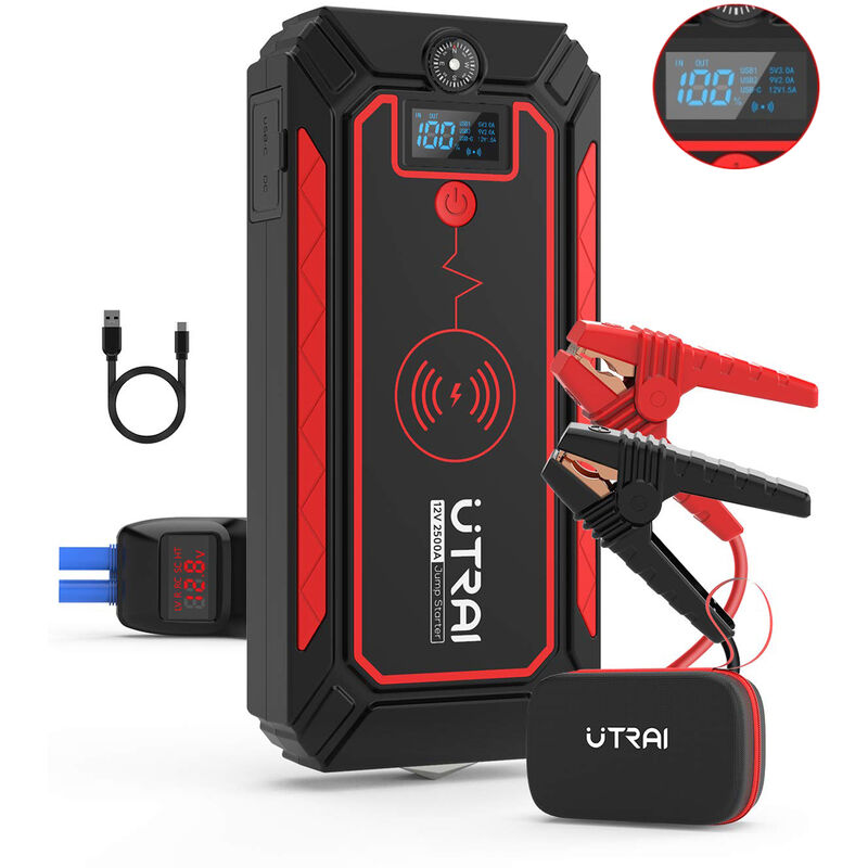 Jstar 4 Booster Batterie, 2500A Démarreur de Batterie Voiture Moto (8,0L Gaz ou 7,0L Diesel) - Chargeur sans Fil 10W - Portable Jump Starter - Pince