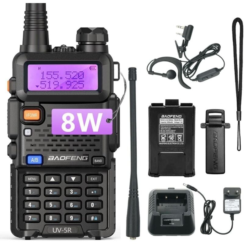UV-5R 8W Walkie Talkie Haute Puissance FM Radio 128 canaux Radio Communication Transmetteur-récepteur avec écouteurs Noir