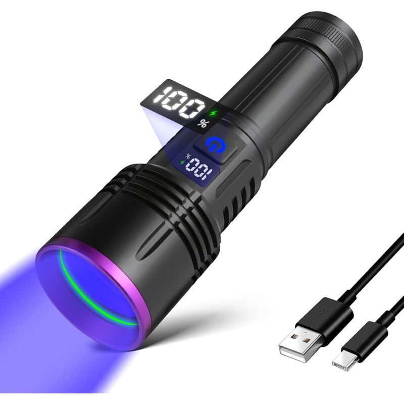 UV Flashlight 365nm Rechargeable With LCD Screen – High Power Black Light Lamp for Detecting Animal Urine, Scorpions, UV Resin, Uranium Glass, and AC