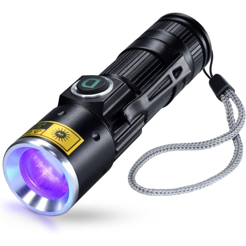 UV Lampe Torche USB Rechargeable 395nm, Lampes de Wood Lumière Noire Ultraviolette LED Portable Mini Zoomable, Détecteur de taches, d'urine d'chat,