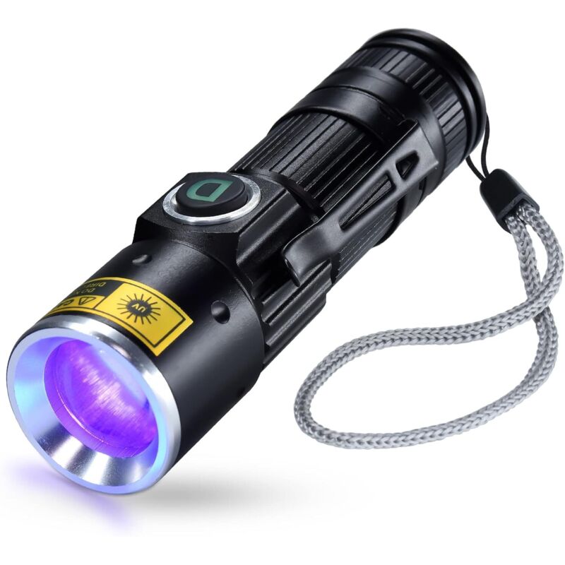 UV Lampe Torche USB Rechargeable 395nm, Lampes de Wood Lumière Noire Ultraviolette LED Portable Mini Zoomable, Détecteur de taches, d'urine d'chat,