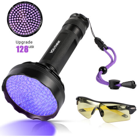 UV-Taschenlampe mit 128 LEDs, Ultraviolett-Schwarzlichtlampe mit Schutzbrille
