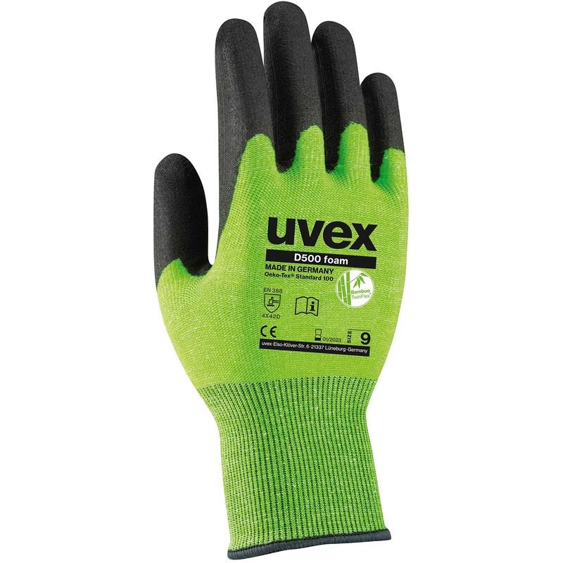 Gants de travail Uvex D500 foam - gant de protection contre les coupures, taille 9 6060409