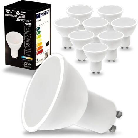 V-TAC 10 lampadine LED GU10 da 4,5 W, 400 lumen, alta luminosità, faretti LED GU10 per la massima efficienza e risparmio energetico, luce bianca fredda da 6500 K.