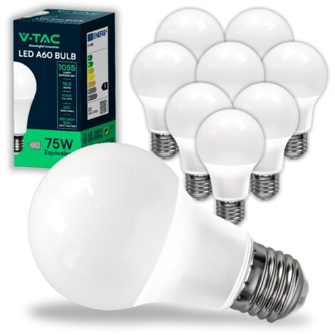 V-TAC 10x Lampadine LED A60 con Attacco E27 potenza 10.5W (Equivalenti a 75W) - Lampadine Nuova Generazione - 1055 Lumen - Massima Efficienza e Risparmio Energetico - 6500K Luce Fredda