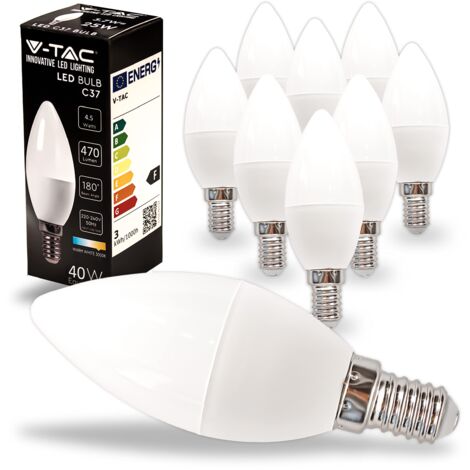 V-TAC 10x Lampadine LED Candela con Attacco E14 - 4,5W (Equivalenti a 40W) - Lampadine di Nuova Generazione - 470 Lumen - Massima Efficienza e Risparmio Energetico - 3000K Luce Bianca Calda