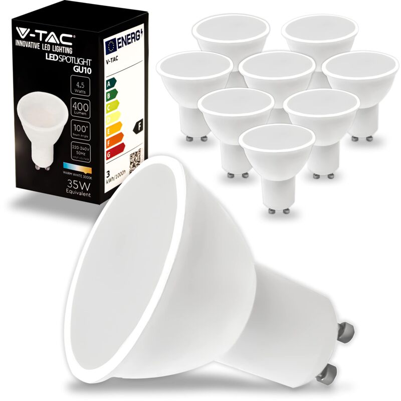 Image of V-tac - 10x Lampadine led GU10-4,5W 400 Lumen - Alta Luminosità - Faretto Led GU10 per Massima Efficienza e Risparmio Energetico - Lampadina 3000K