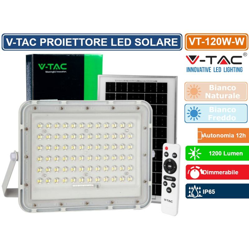 Image of VT-120W faro led floodlight 15W IP65 colore bianco con pannello solare e telecomando - sku 7844 / 7843 - Colore Luce: Bianco Naturale - V-tac