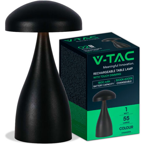 V-TAC 1W 800mAh wiederaufladbare LED-Tischlampe, schwarzes Metall, Touch CCT 3-in-1