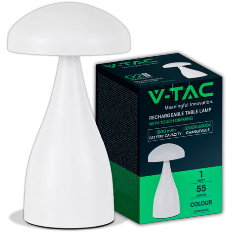 V-TAC 1W 800mAh wiederaufladbare LED-Tischlampe, weißes Metall, Touch CCT 3-in-1