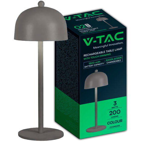 V-TAC 3W wiederaufladbare LED-Tischlampe, graues Metall, Touch-dimmbar, 3-in-1