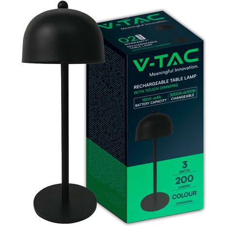 V-TAC 3W wiederaufladbare LED-Tischlampe, schwarzes Metall, Touch-dimmbar, 3-in-1