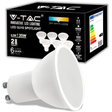 V-TAC 6x Lampadine LED GU10 4.5W (Equivalenti a 35W) - 400 Lumen - Alta Luminosità - Faretto Led GU10 - Massima Efficienza e Risparmio Energetico - Luce Bianca Calda 3000K - Box 6 Pezzi