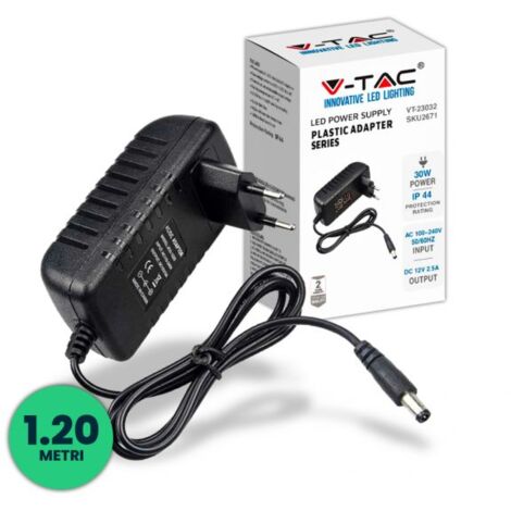 V-TAC Alimentatore in Plastica 30W 12V 2.5A Jack 2.1 Cavo da 1.2m IP44 - SKU 2671 VT-23032
