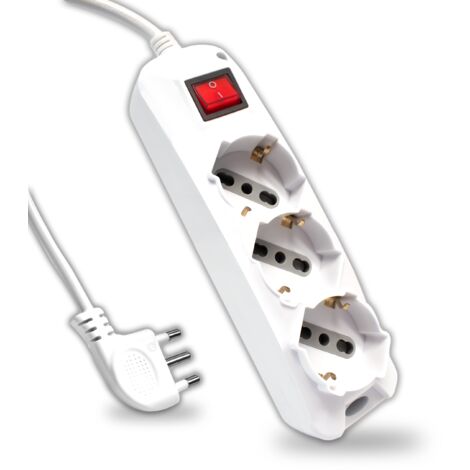 V-TAC Ciabatta Multipresa Elettrica con Interruttore e Cavo da 1,5 Metri - 3 Prese 10/16A Bipasso + Schuko - Spina 16A - Presa Elettrica per Casa, Ufficio, Negozio - Bianco