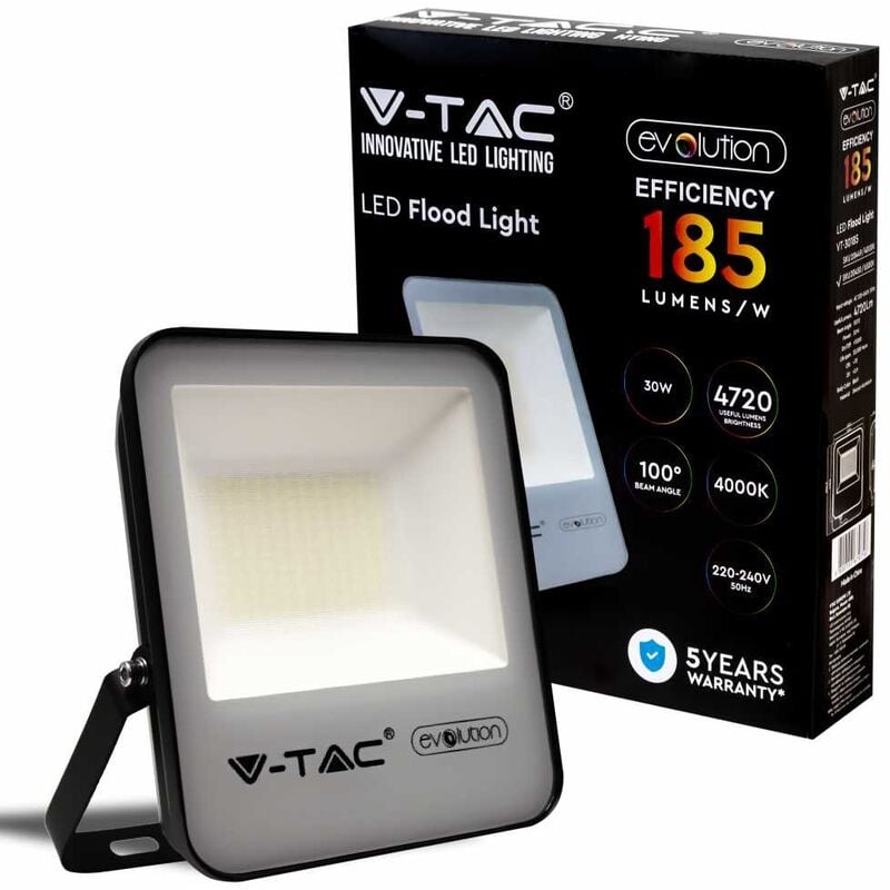 V-tac - Evolution VT-30185 Projecteur led 30W chip samsung smd Haute Lumens 157LM/W 100° blanc neutre 4000K corps slim noir IP65 - sku 20449