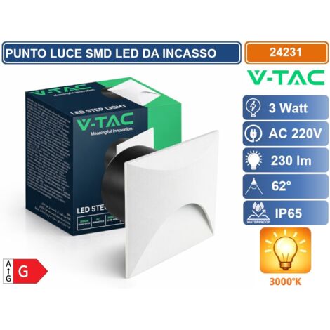 V-TAC FARETTO LED SEGNAPASSO QUADRATO DA INCASSO 3W IN ALLUMINIO BIANCO 3000K IP65