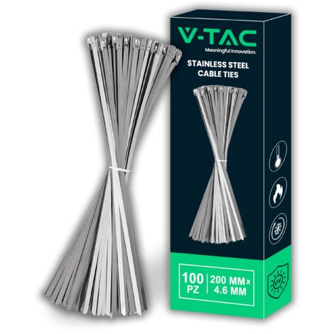 V-TAC Fascette in Acciao Inox per Cavi misura 4.6 mm x 200 mm - Confezione 100 Pezzi - Fascette per Cablaggio Multiuso - Stringicavo Portacavi Fermacavi per Elettricista, Meccanico, Tubi Ferro