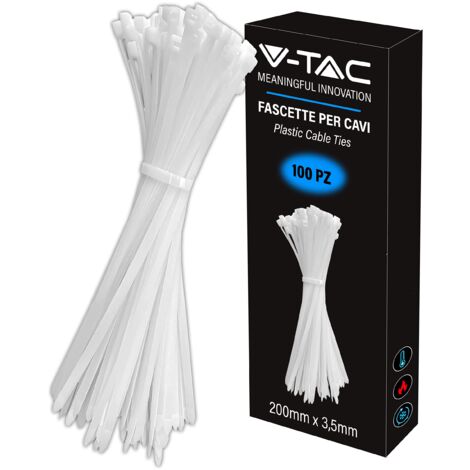 V-TAC Fascette per Cavi in Plastica misura 2.5 mm x 200 mm - Confezione 100 Pezzi - Fascette per Cablaggio Multiuso - Stringicavo Portacavi Fermacavi per Elettricista, Meccanico, Giardinaggio - Bianco