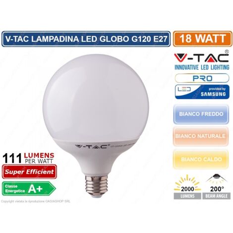 V-tac globo led chip samsung 18w attacco grande e27 2000lm luce fredda 6400k vt-288 125