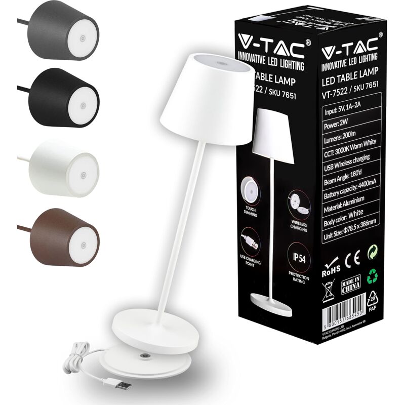 Image of V-tac - Lampada da Tavolo senza Fili led Dimmerabile in Alluminio – Lampada Bianca Wireless per Uso Interno ed Esterno IP54 da Casa o Ristorante –