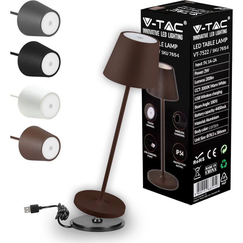 Image of V-TAC Lampada da Tavolo senza Fili LED Dimmerabile in Alluminio – Lampada Marrone Wireless per Uso Interno ed Esterno IP54 da Casa o Ristorante –