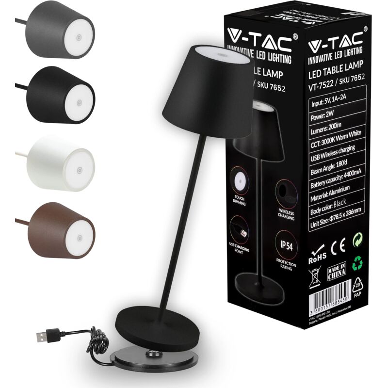 Image of V-tac - Lampada da Tavolo senza Fili led Dimmerabile in Alluminio – Lampada Nera Wireless per Uso Interno ed Esterno IP54 da Casa o Ristorante –