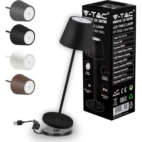 V-TAC Lampada da Tavolo senza Fili LED Dimmerabile in Alluminio – Lampada Nera Wireless per Uso Interno ed Esterno IP54 da Casa o Ristorante – Design Elegante – Luce Bianca Calda