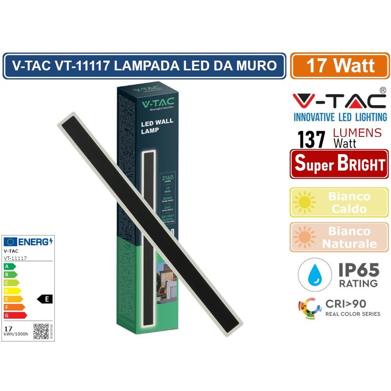 Image of V-TAC VT-11117 LAMPADA LED DA MURO 17W WALL LAMP SMD APPLIQUE CRI≥90 IP65 COLORE NERO - SKU 6830 / 6831 - Colore Luce: Bianco Caldo