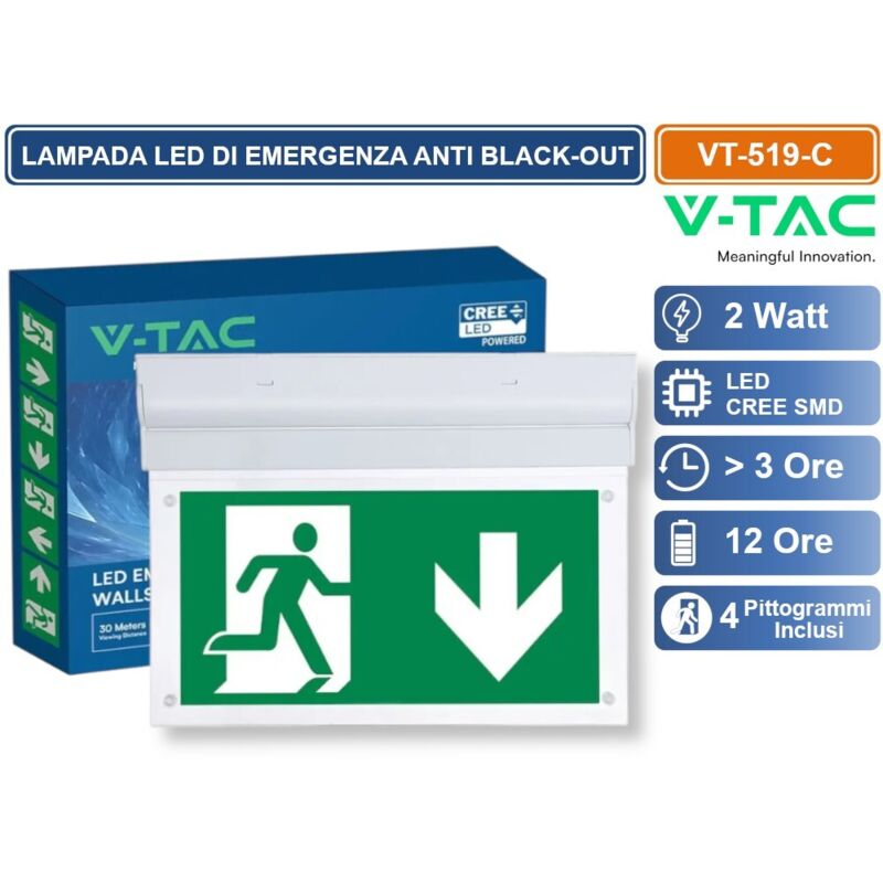 V-Tac Vt-519-C Lampada Led Di Emergenza Con Montaggio Superficiale Inclinabile Di 90° 120lm Black Out