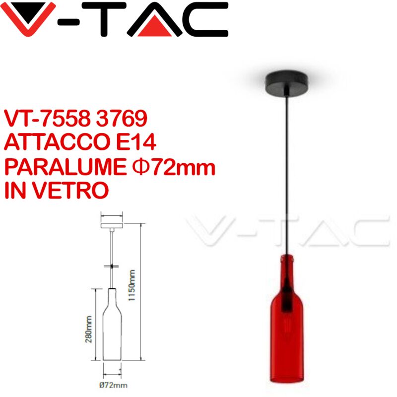 Image of V-tac - VT-7558-R 3769 Lampadario led a Bottiglia in Vetro con Portalampada E14 (Max 60W) Colore Rosso