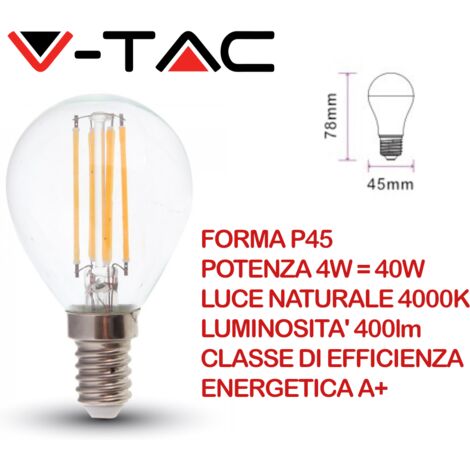 V-TAC Lampadina LED Attacco E14 da 4W P45 Filamento Bianco Naturale