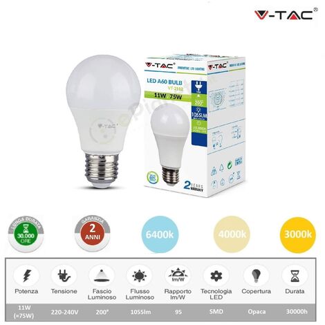 V-TAC Lampadina led bulbo 11w A60 attacco grande E27 copertura opaca luce fredda naturale calda  Calda