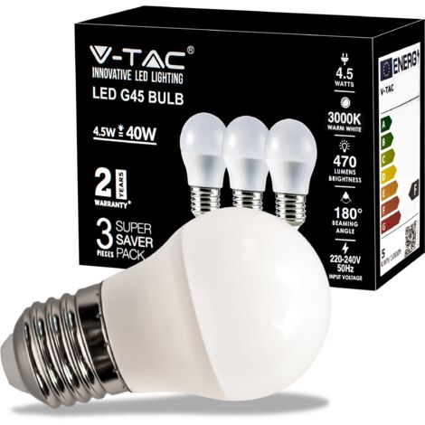 V-TAC Lampadina LED con Attacco E27 4,5W (Equivalenti a 40W) - G45-470 Lumen - Lampadina LED Massima Efficienza e Risparmio Energetico - Luce 3000K Bianca Calda (Box 3 Pezzi)