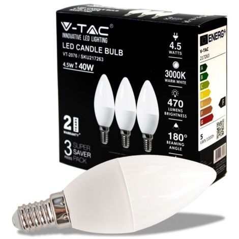 V-TAC Lampadina LED E14 4,5W Candela Bianco Caldo (Box 3 Pezzi)