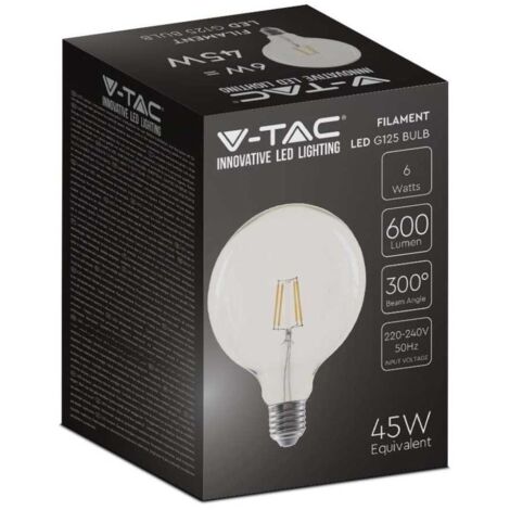 V-TAC Lampadina LED E27 6W G125 Filamento Colore Trasparente Bianco Caldo