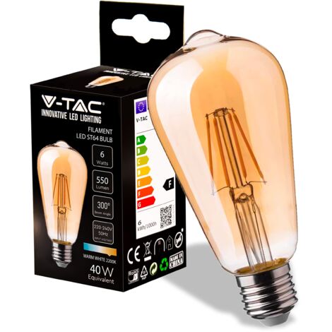V-TAC Lampadina LED Filamento Ambrata ST64 con Attacco E27-8W (Equivalenti a 50W) - 720 Lumen - Lampadine Vintage - Massima Efficienza e Risparmio Energetico - 2200K Luce Bianca Calda
