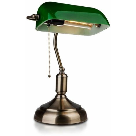 Lampe de bureau lampe de banquier lampe de table laiton ancien verre lampe  de lecture verte, abat-jour pivotant, interrupteur à tirette, 1x douille  E27, LxH 26,5x36 cm