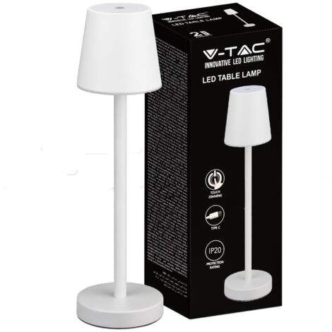 V-TAC LED-Tischlampe, 3 W, wiederaufladbar, batteriebetrieben, weiße Farbe, USB C Touch, dimmbar, 3000 K, Restaurant-Tischleuchte für den Innenbereich, IP20 – 10191